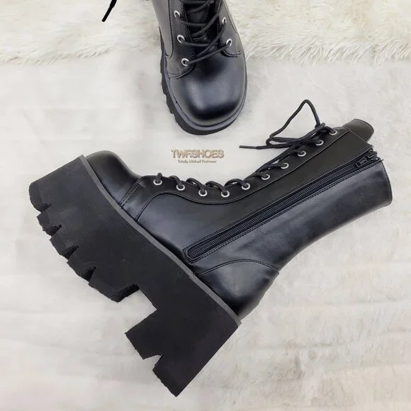 Ashes Black Matte Platform Goth Punk Mid Calf Combat Boots - Picture 5 of 14